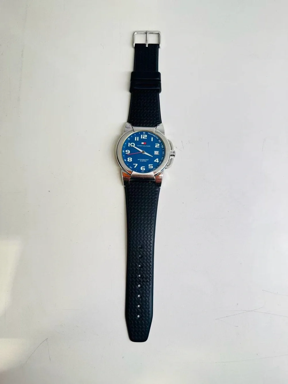 Tommy Hilfiger Men’s Watch Blue Dial Date 41mm Rubber Strap New Battery Runs